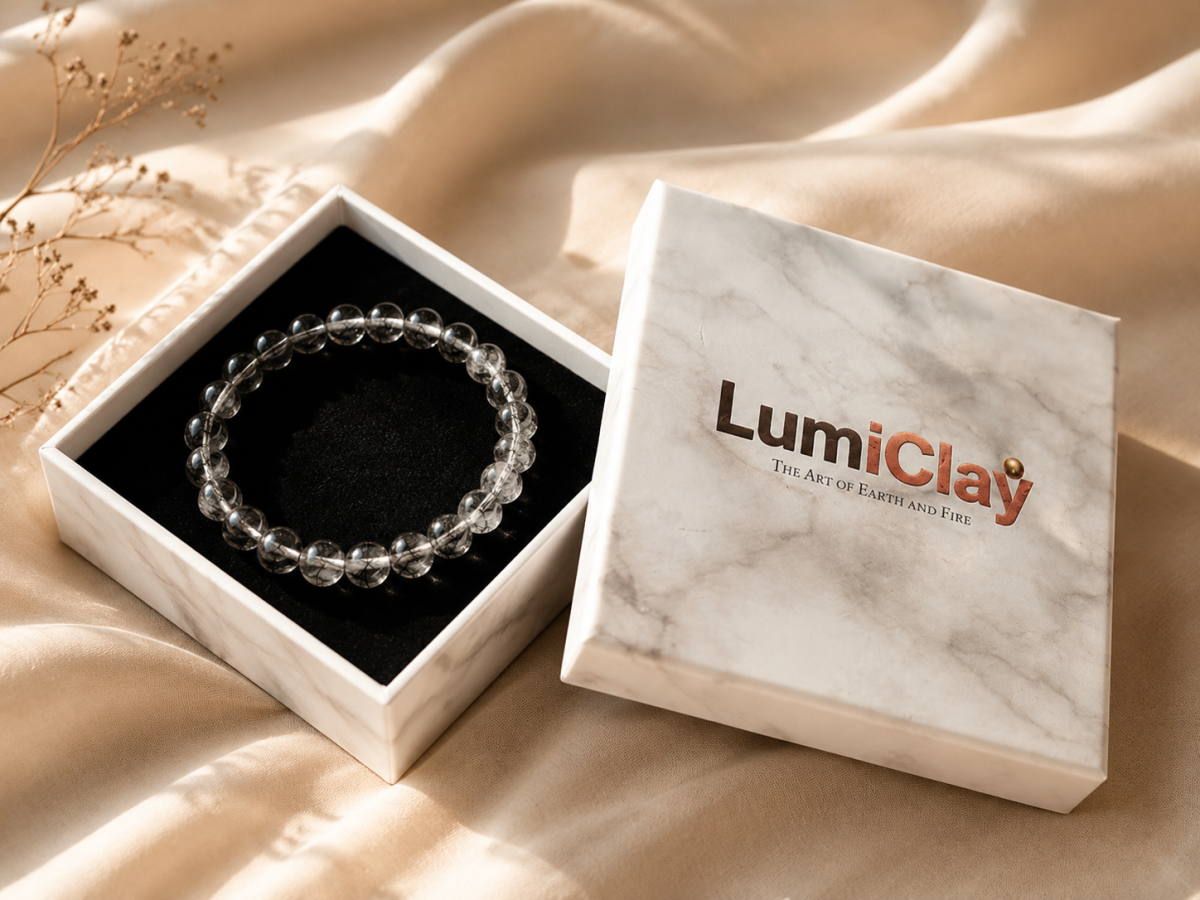 Clear quartz crystal bracelet presented in a Lumiclay gift box, chosen, checked, and packed with care