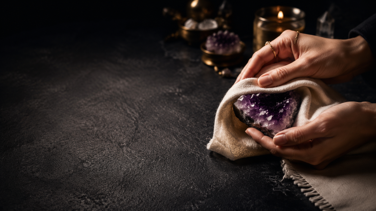 Hands gently cleaning an amethyst crystal with a soft cloth for a crystal bracelet care ritual
