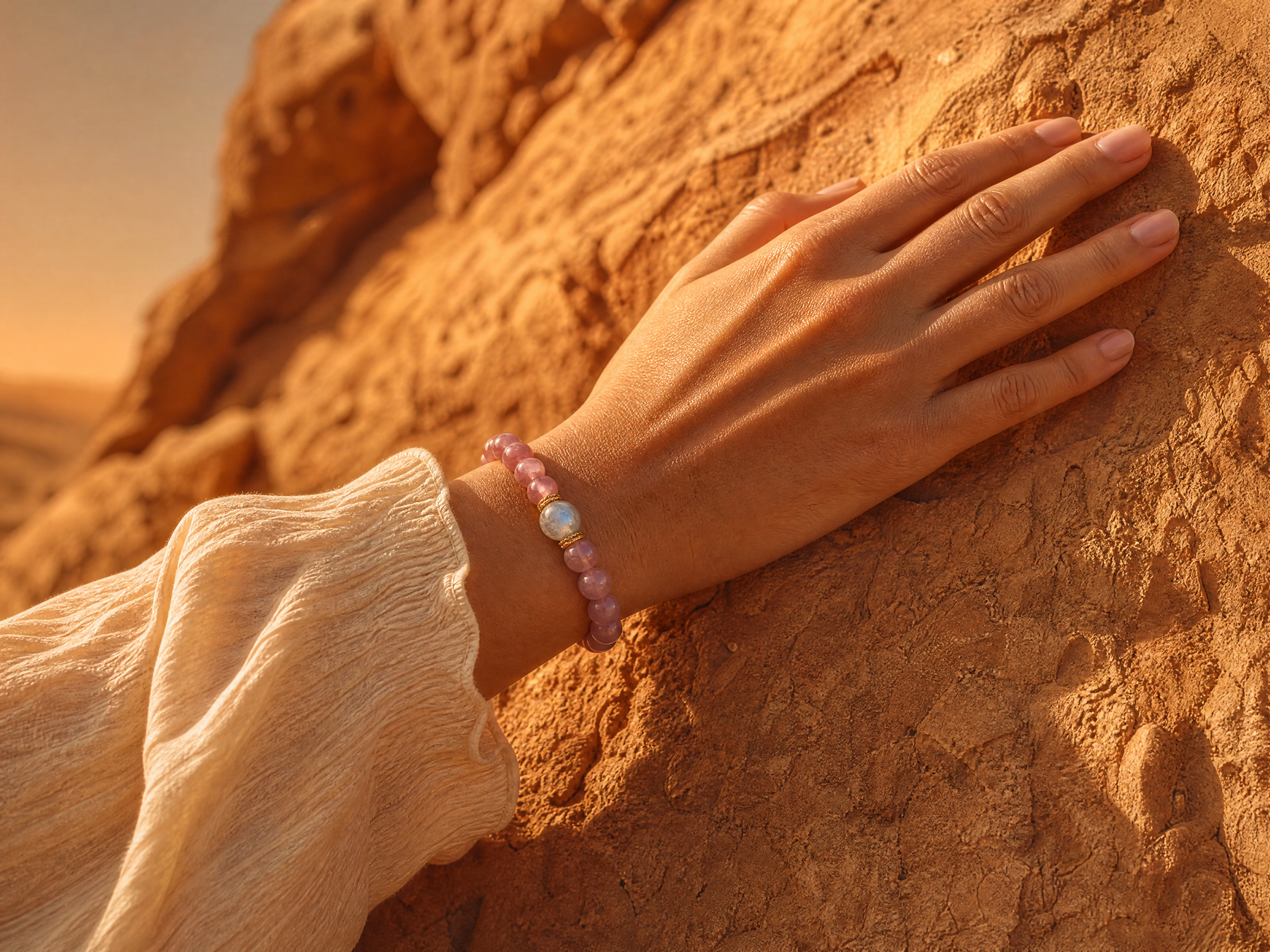 Purple gemstone bracelet worn against a sunlit desert rock