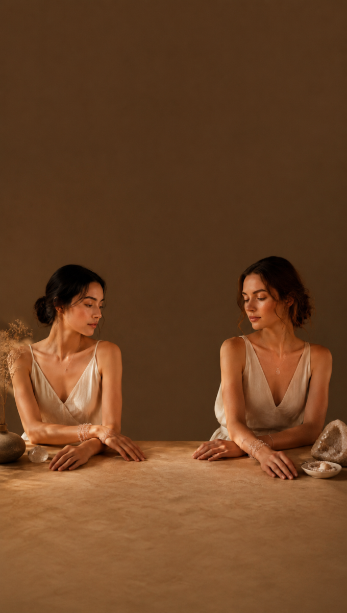 Two women wearing crystal bracelets beside natural stones in warm sunlight