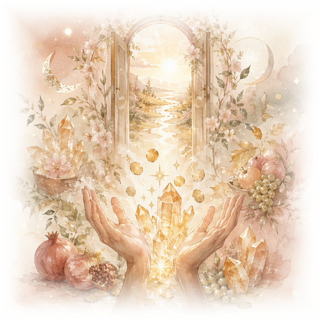 Watercolor crystal intention quiz result illustration with golden crystals, open doors, fruit, coins, and glowing hands for abundance and prosperity
