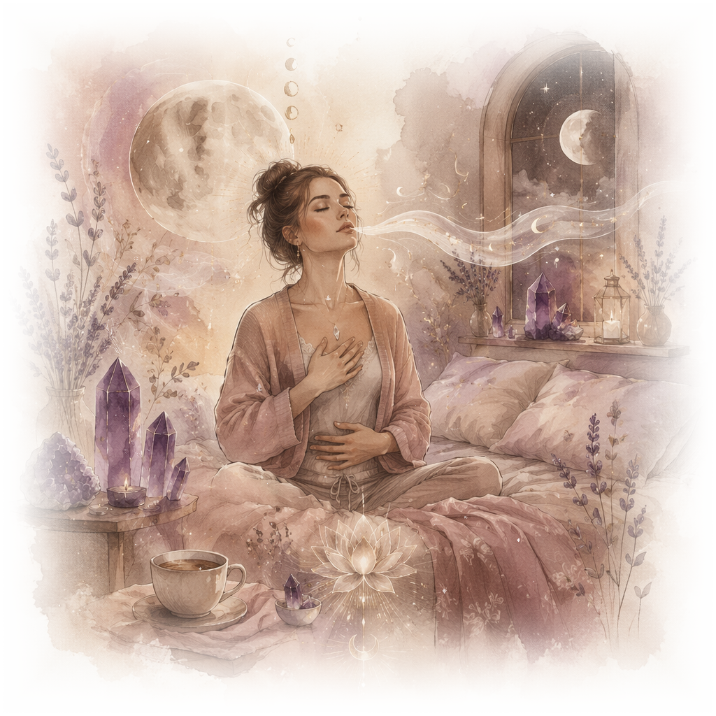 Watercolor crystal intention quiz result illustration of a woman breathing peacefully in a moonlit bedroom with amethyst crystals and lavender