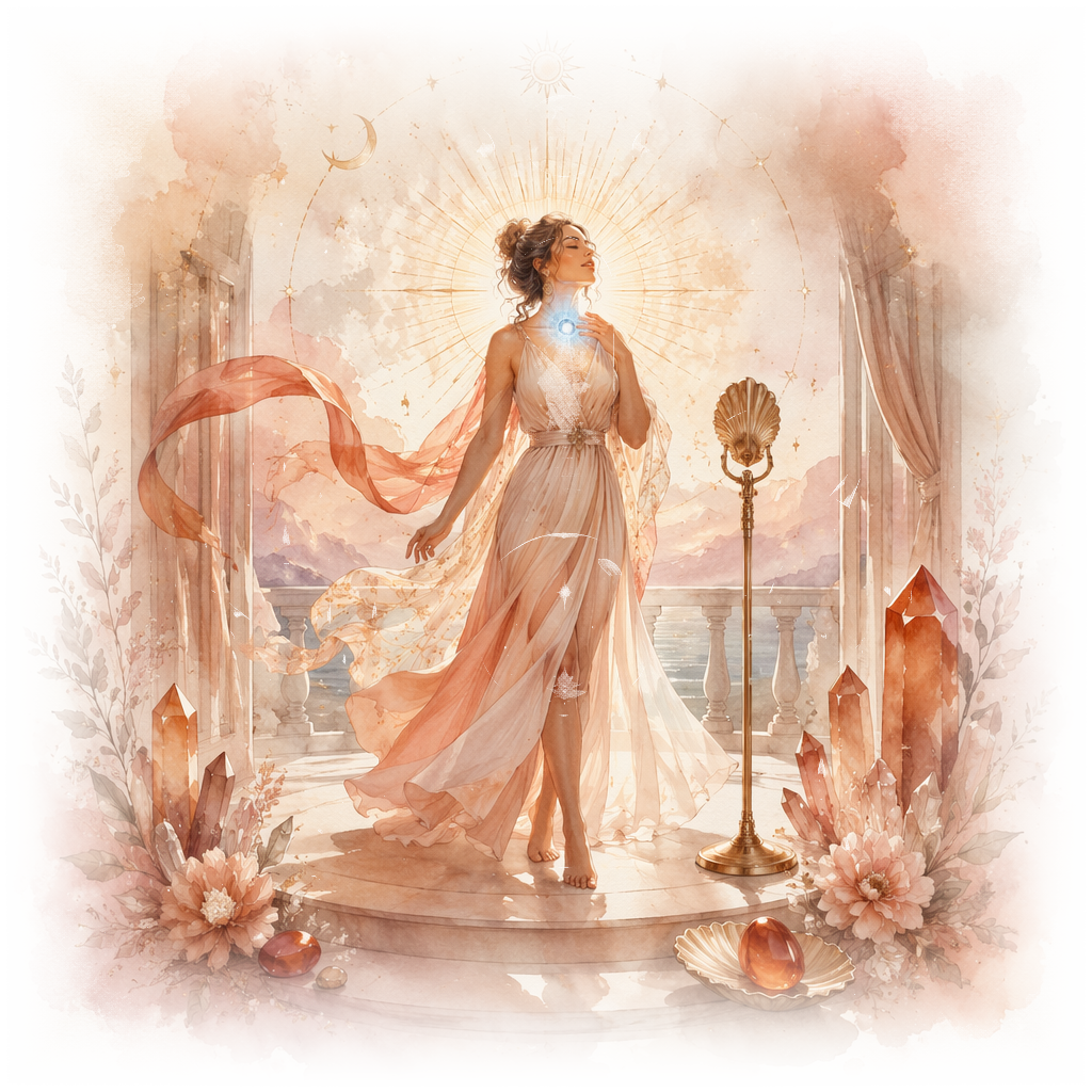 Watercolor crystal intention quiz result illustration of a woman standing in sunlight beside a vintage microphone and orange crystals for confidence and voice