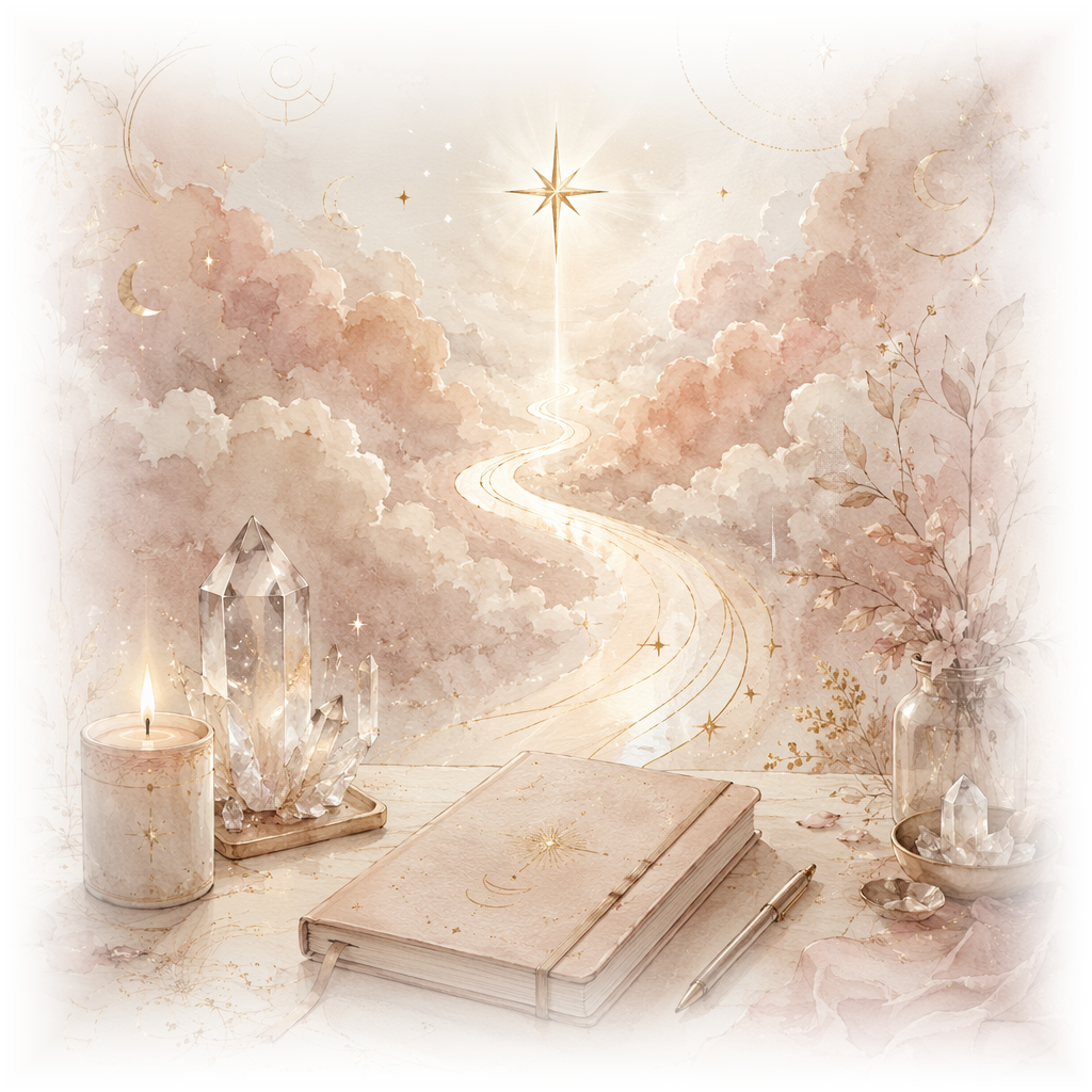 Watercolor crystal intention quiz result illustration with a journal, clear quartz crystals, candle, and glowing path for focus and mental clarity
