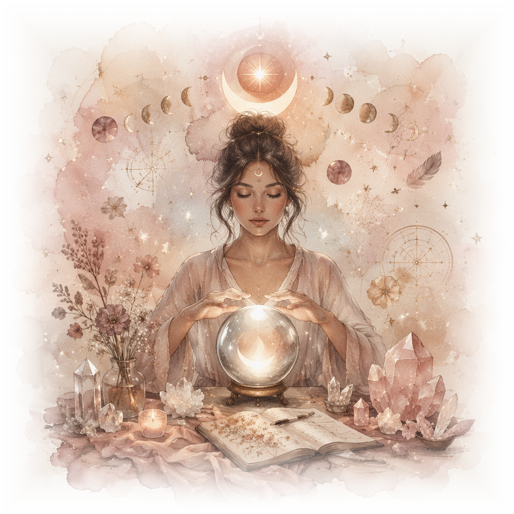 Watercolor crystal intention quiz result illustration of a woman with a crystal ball, moon phases, journal, and crystals for intuition and spiritual growth
