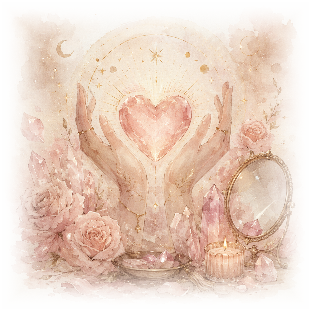 Watercolor crystal intention quiz result illustration with hands holding a glowing rose quartz heart, pink crystals, roses, candle, and mirror for love and self-love