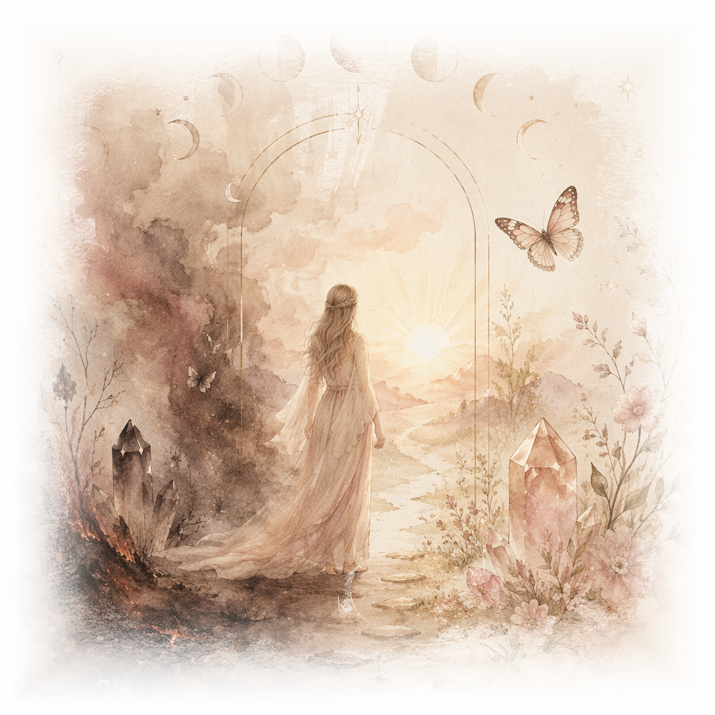 Watercolor crystal intention quiz result illustration of a woman walking from shadow toward sunrise with a butterfly and crystals for new beginnings and transformation