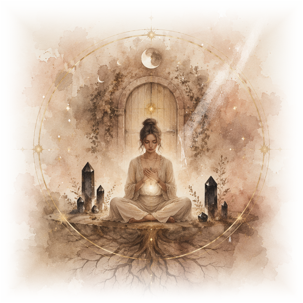Watercolor crystal intention quiz result illustration of a woman meditating with black crystals, roots, moon symbols, and a glowing heart for protection and grounding