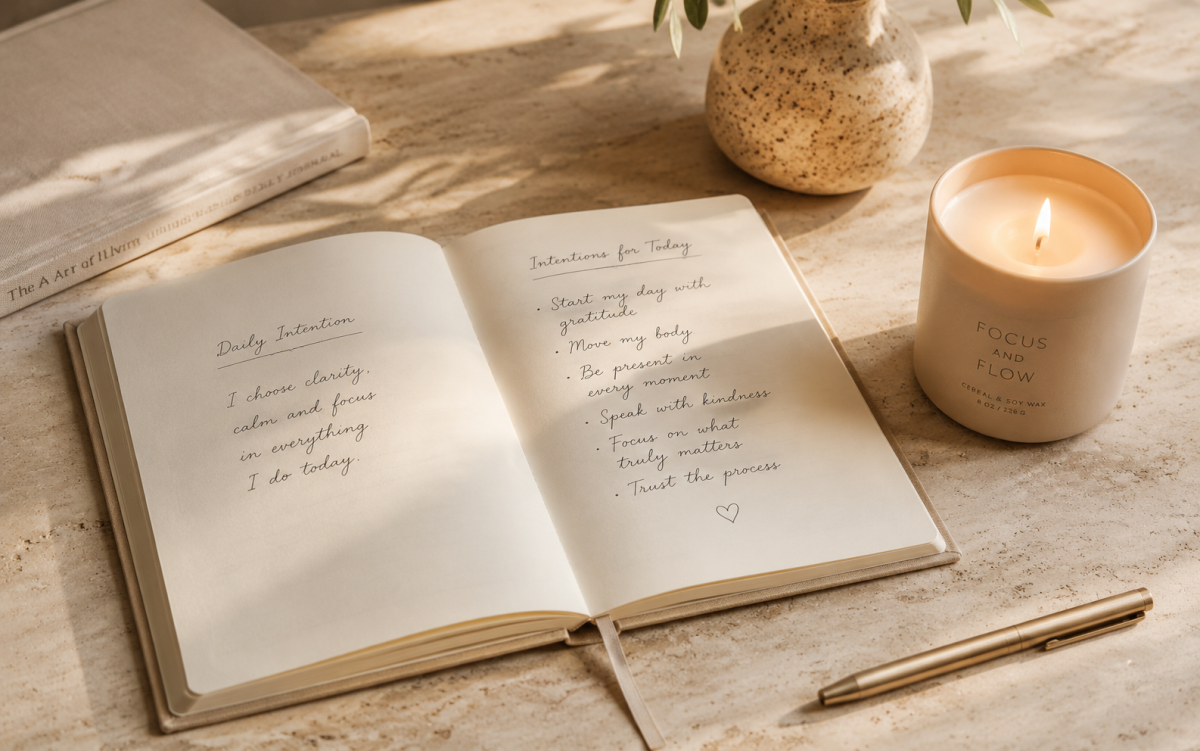 Open intention journal and candle for a simple daily ritual