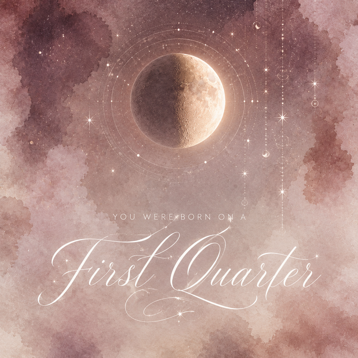 Lumiclay First Quarter moon profile artwork with a half-lit moon, soft pink celestial clouds, stars, and lunar orbit details.