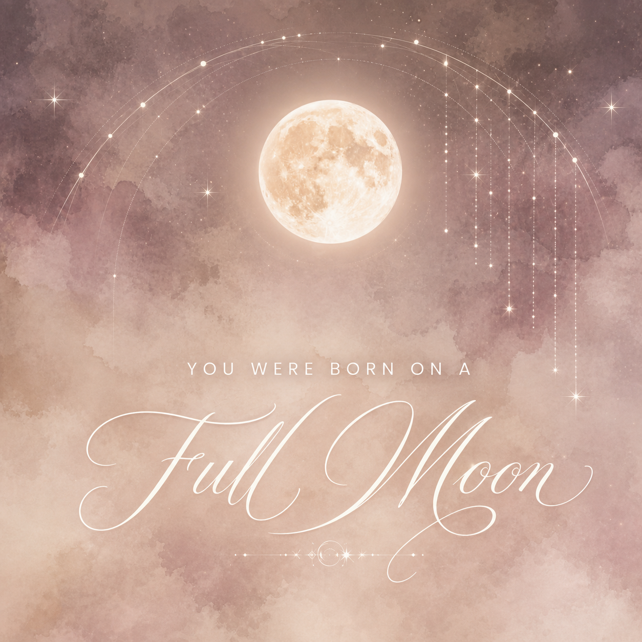 Lumiclay Full Moon profile artwork with a glowing full moon, soft watercolor clouds, stars, and celestial lunar details.
