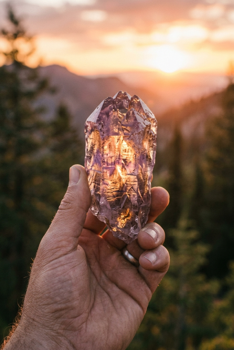 Raw amethyst crystal held outdoors at sunset