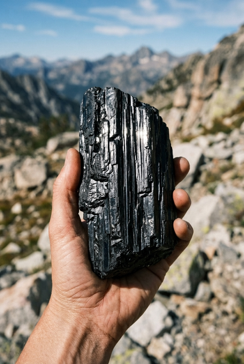 Raw black tourmaline crystal held against a mountain landscape