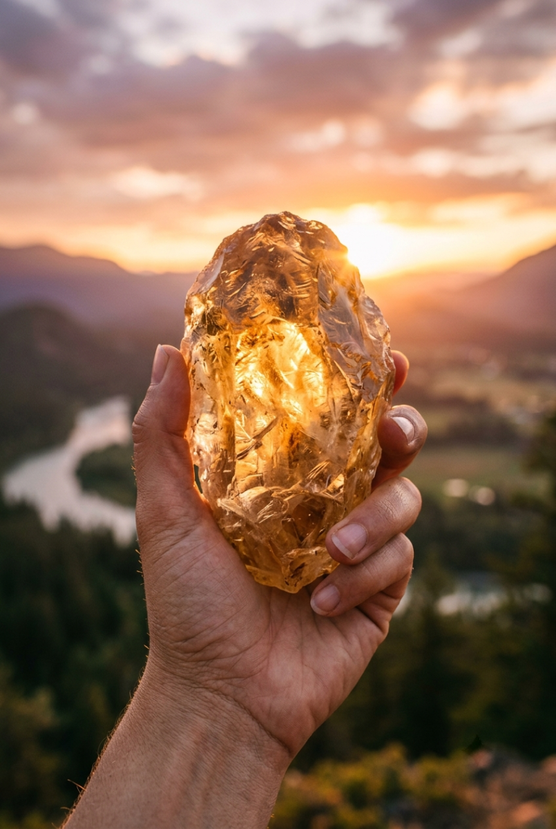 Raw citrine crystal held outdoors at sunset