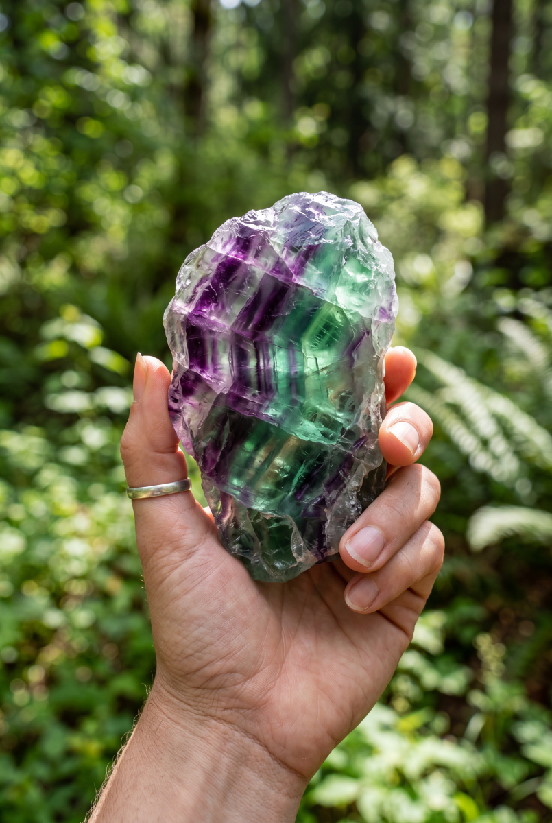 Raw purple and green fluorite crystal held in a forest