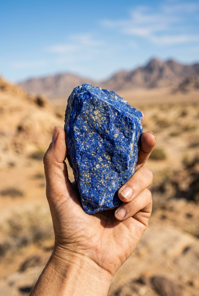 Raw lapis lazuli stone with golden pyrite held in a desert landscape