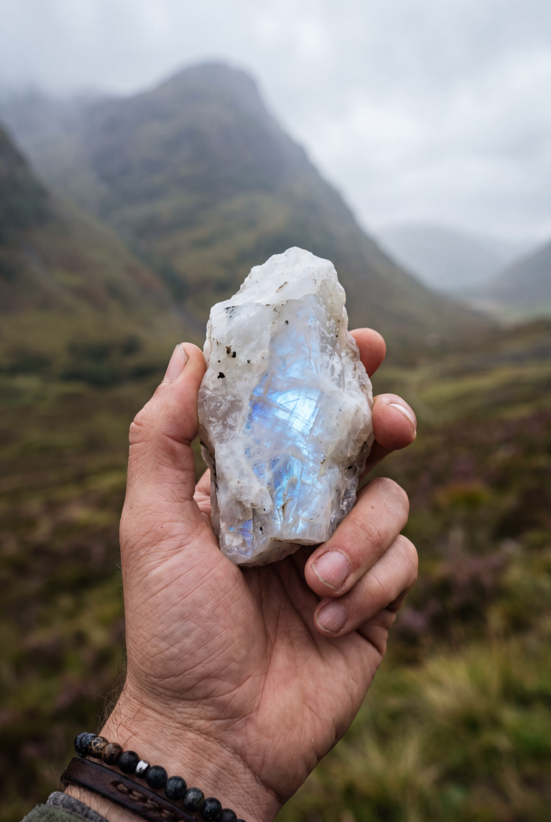 Raw moonstone crystal with a blue flash held in a mountain landscape