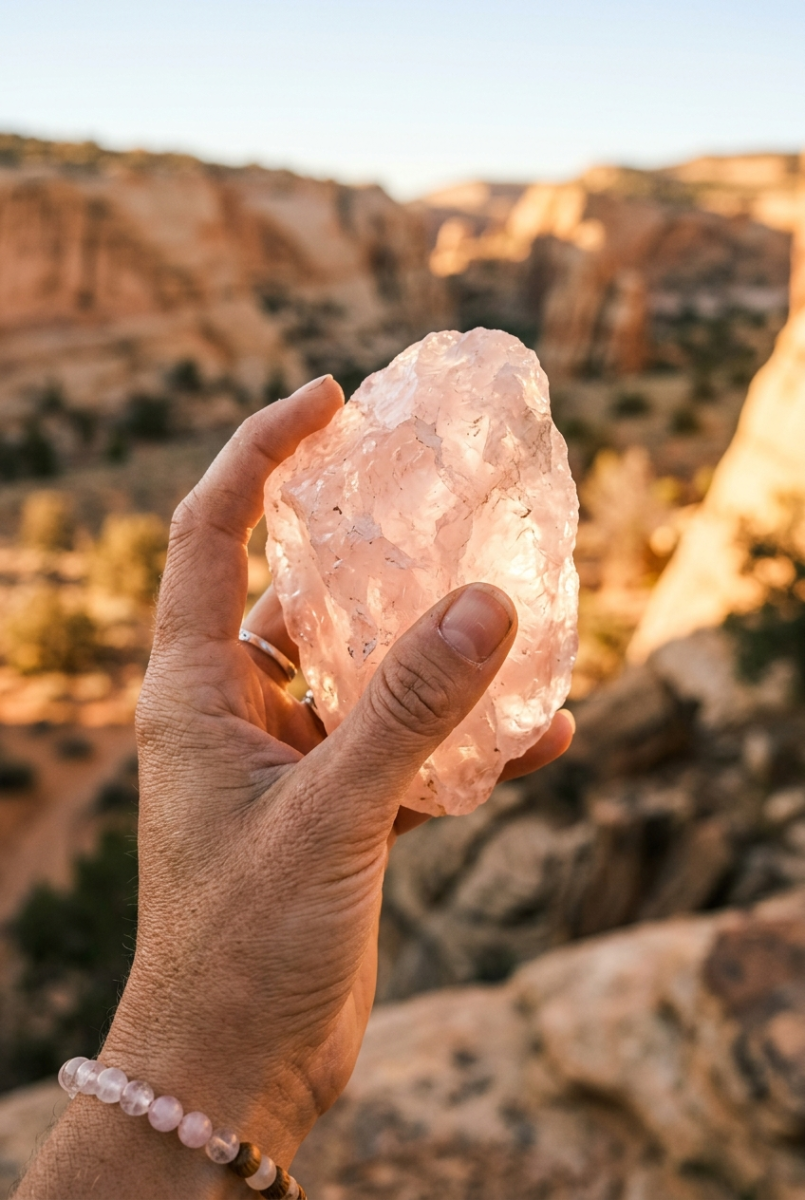 Raw rose quartz crystal held in warm desert sunlight