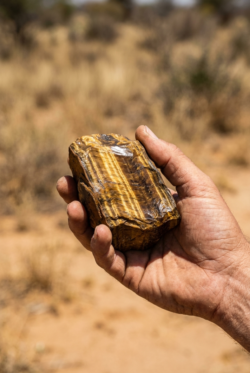 Raw tiger's eye stone held outdoors in golden sunlight