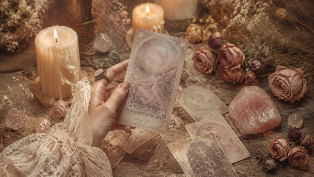 Hand holding a moon card beside rose quartz crystals, candles, and dried flowers