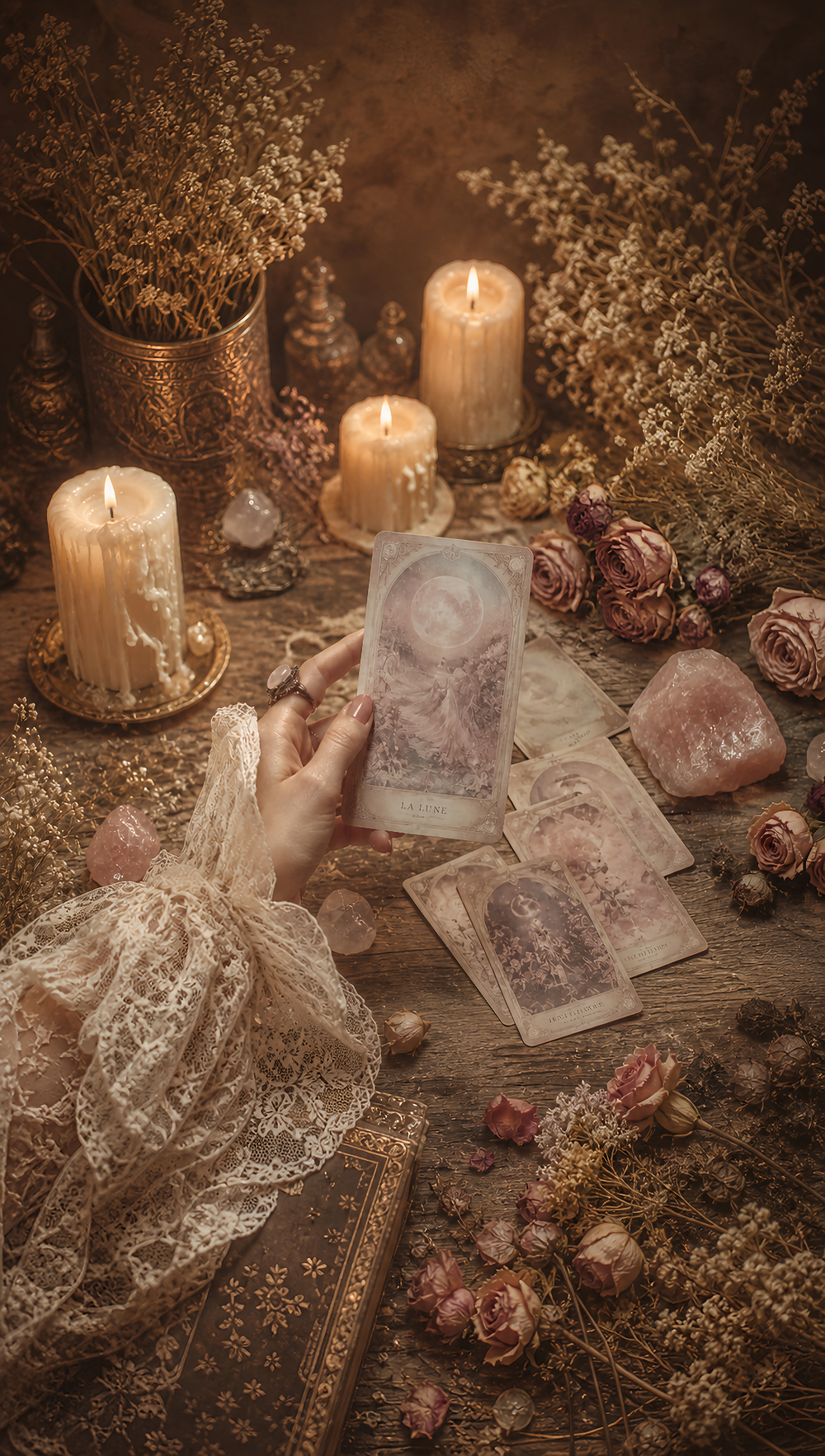 Hand holding a moon card beside rose quartz crystals, candles, and dried flowers