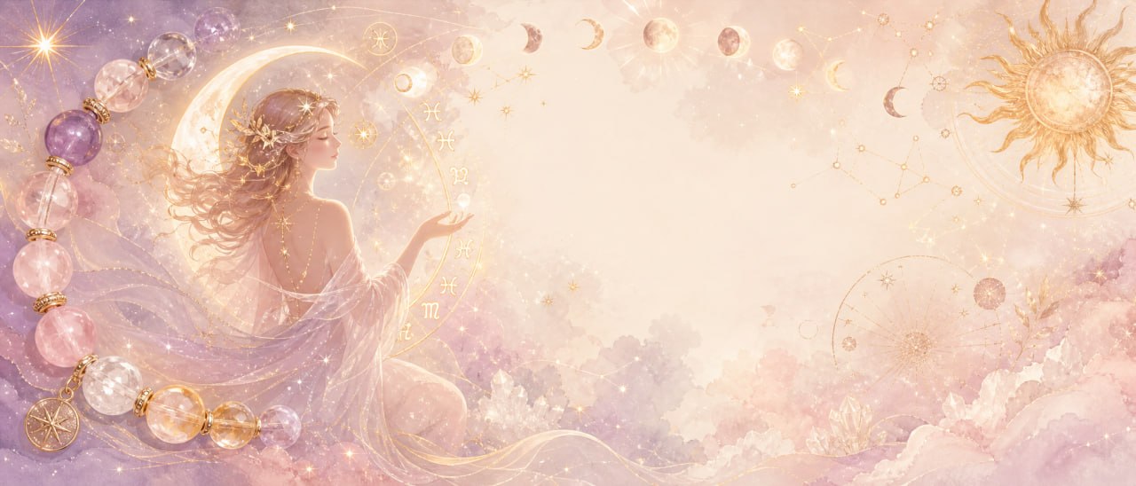 Celestial moon phase illustration with a woman, crystal bracelet, zodiac symbols, sun, moon, and soft pastel sky for a birth moon phase calculator