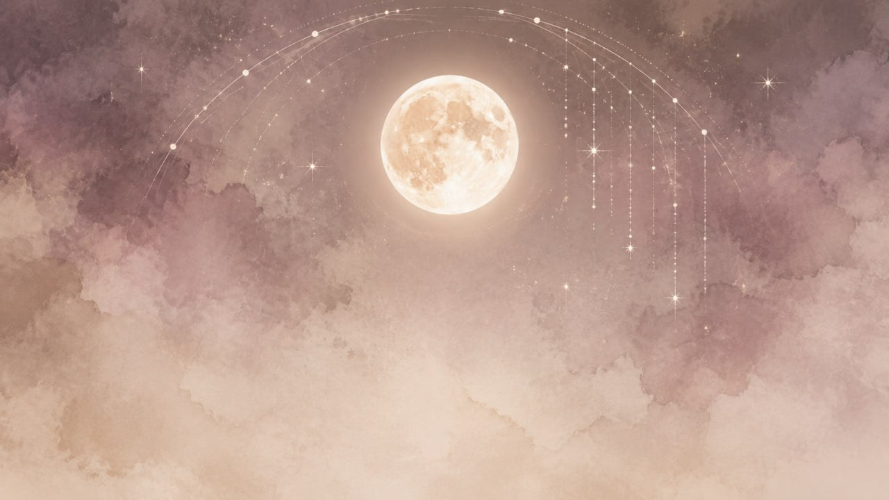 Soft celestial full moon illustration with a glowing moon, pastel clouds, stars, and delicate lunar arc details for a moon phase calculator result