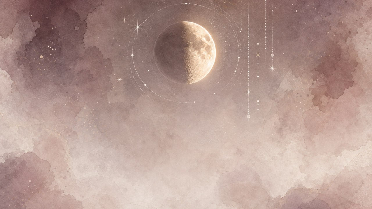 Soft celestial last quarter moon illustration with a half moon, pastel clouds, stars, and hanging light details for a moon phase calculator result
