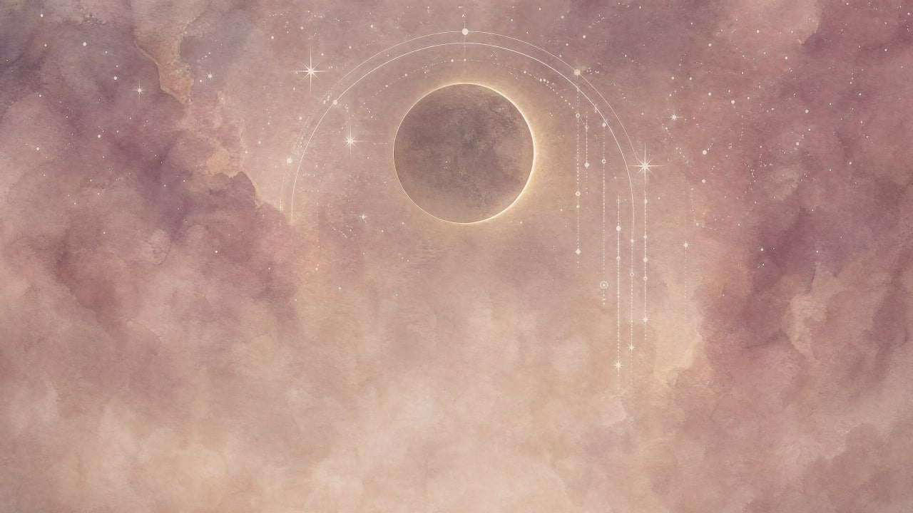 Soft celestial new moon illustration with a dark moon, pastel clouds, stars, and hanging light details for a moon phase calculator result