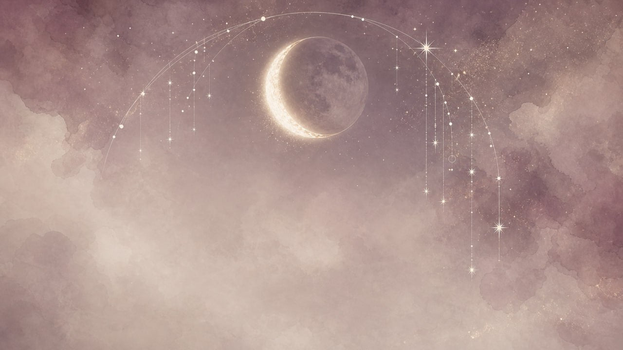 Soft celestial waning crescent moon illustration with a slim crescent moon, pastel clouds, stars, and delicate lunar arc details