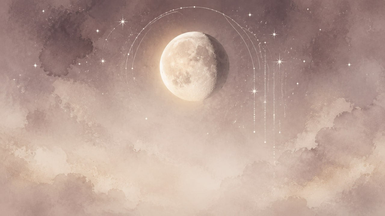 Soft celestial waning gibbous moon illustration with a fading moon, pastel clouds, stars, and delicate lunar arc details for a moon phase calculator result