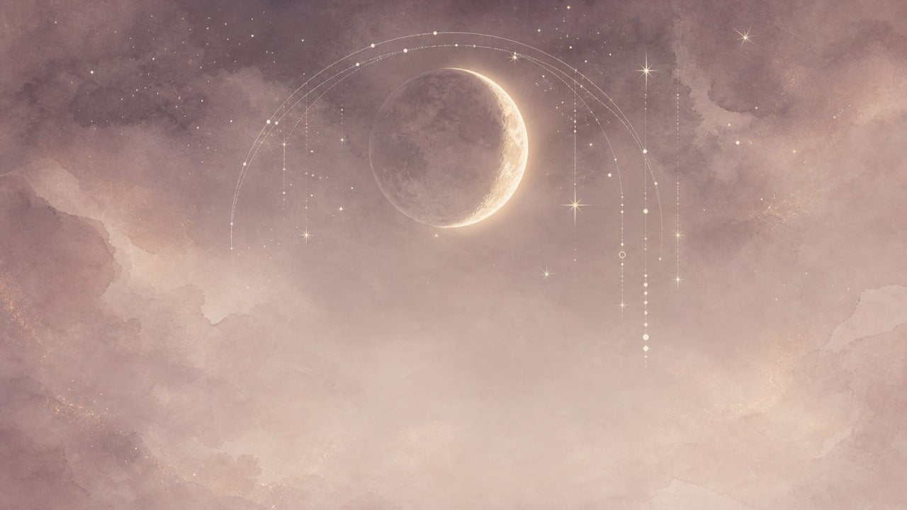 Soft celestial waxing crescent moon illustration with pastel clouds, stars, and delicate lunar arc details for a moon phase calculator result