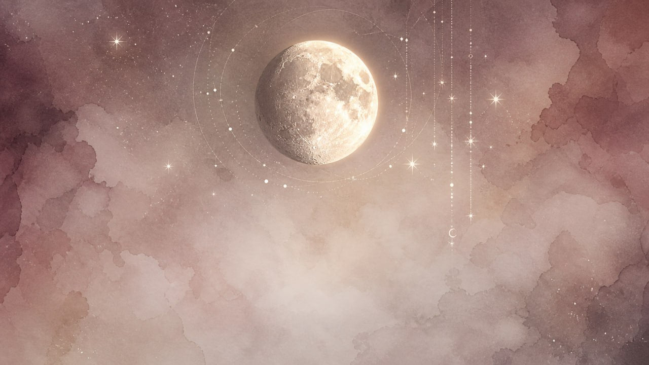 Soft celestial waxing gibbous moon illustration with a bright growing moon, pastel clouds, stars, and delicate hanging light details
