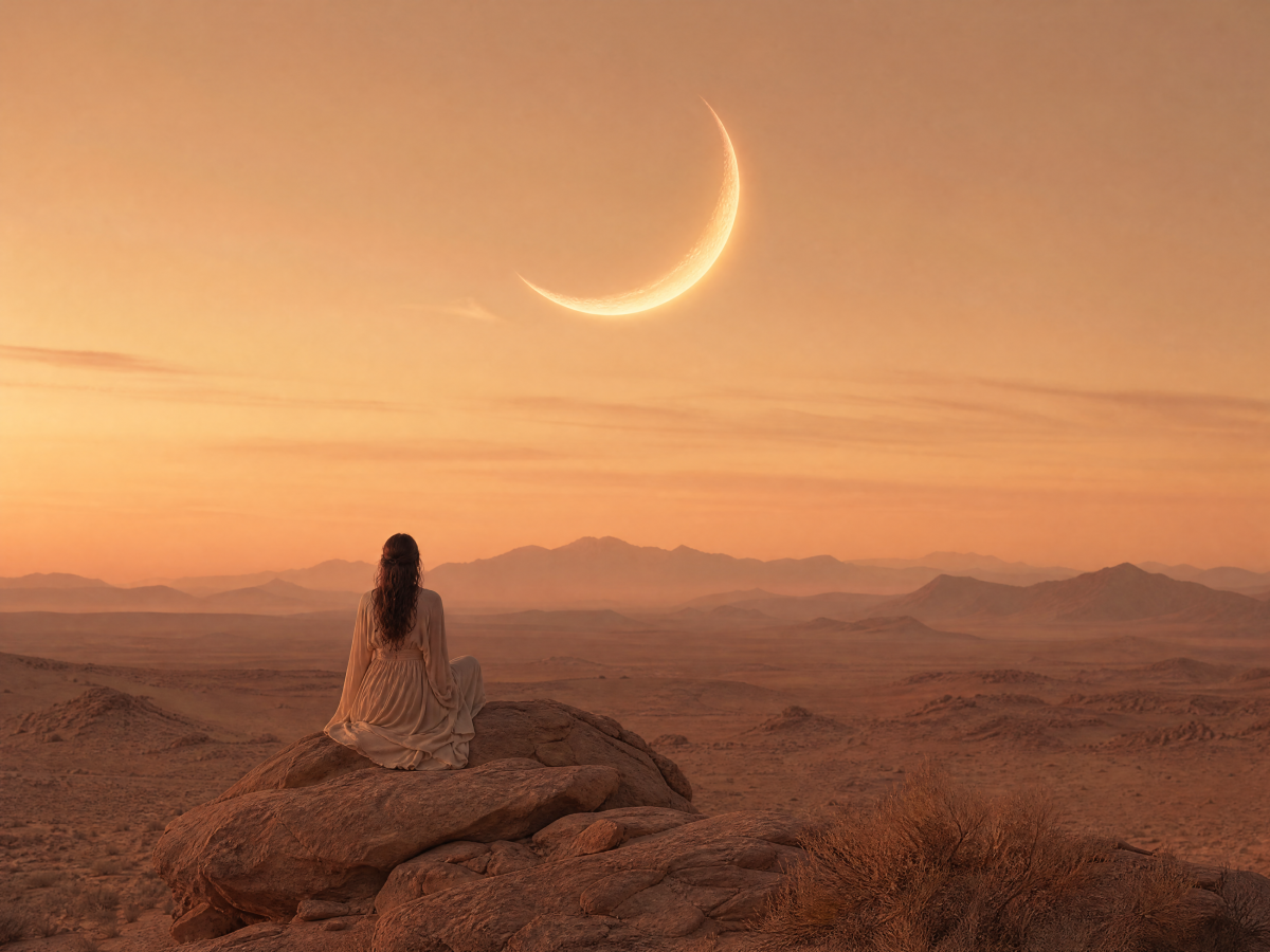 Woman meditating beneath a crescent moon in a desert landscape