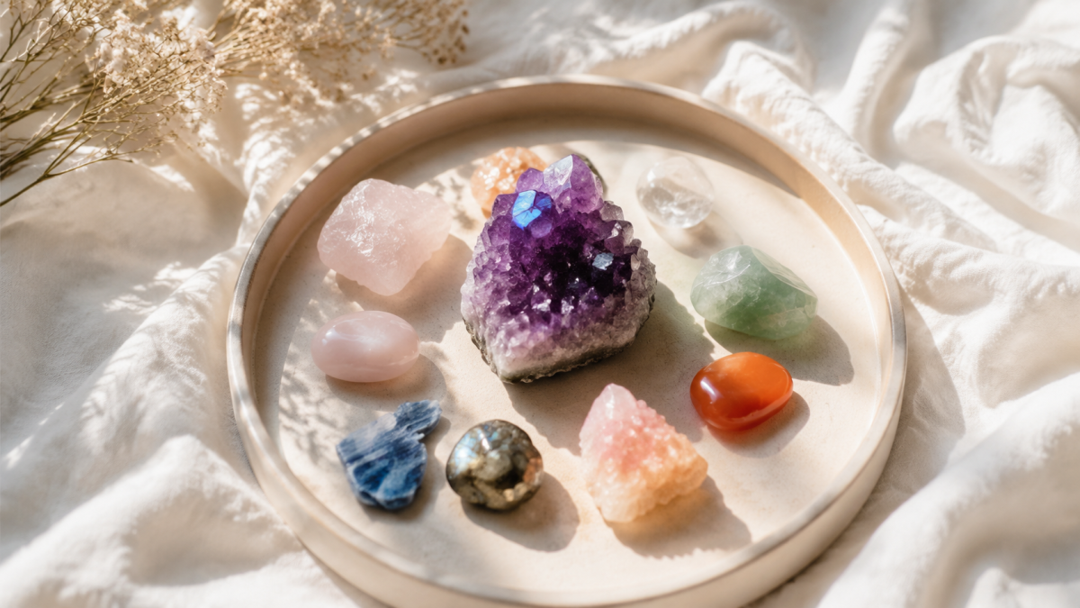 Natural healing gemstones arranged on a ceramic tray in soft sunlight