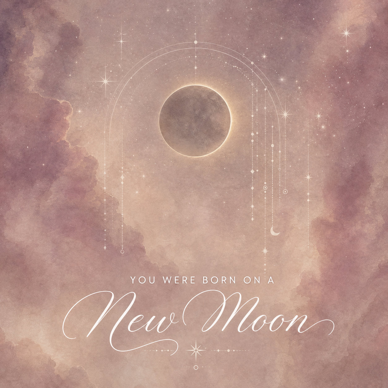 Lumiclay New Moon profile artwork with a dark new moon, soft rose watercolor sky, stars, and delicate lunar orbit lines.