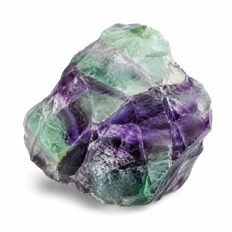 Raw green and purple fluorite crystal on a white background