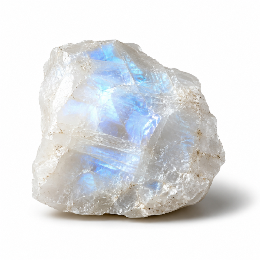 Raw moonstone crystal with a blue iridescent flash on a white background