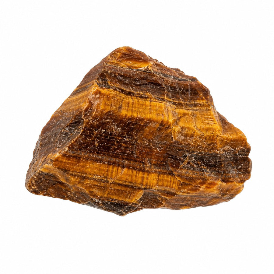 Raw tiger's eye stone with golden brown bands on a white background