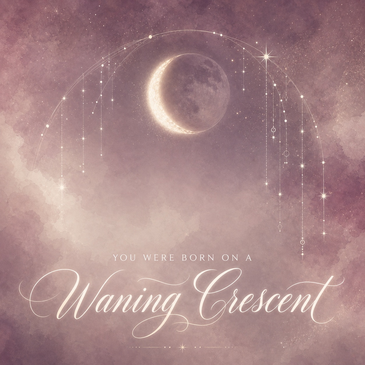 Lumiclay Waning Crescent moon profile artwork with a glowing crescent moon, rose-toned celestial clouds, stars, and lunar arcs.