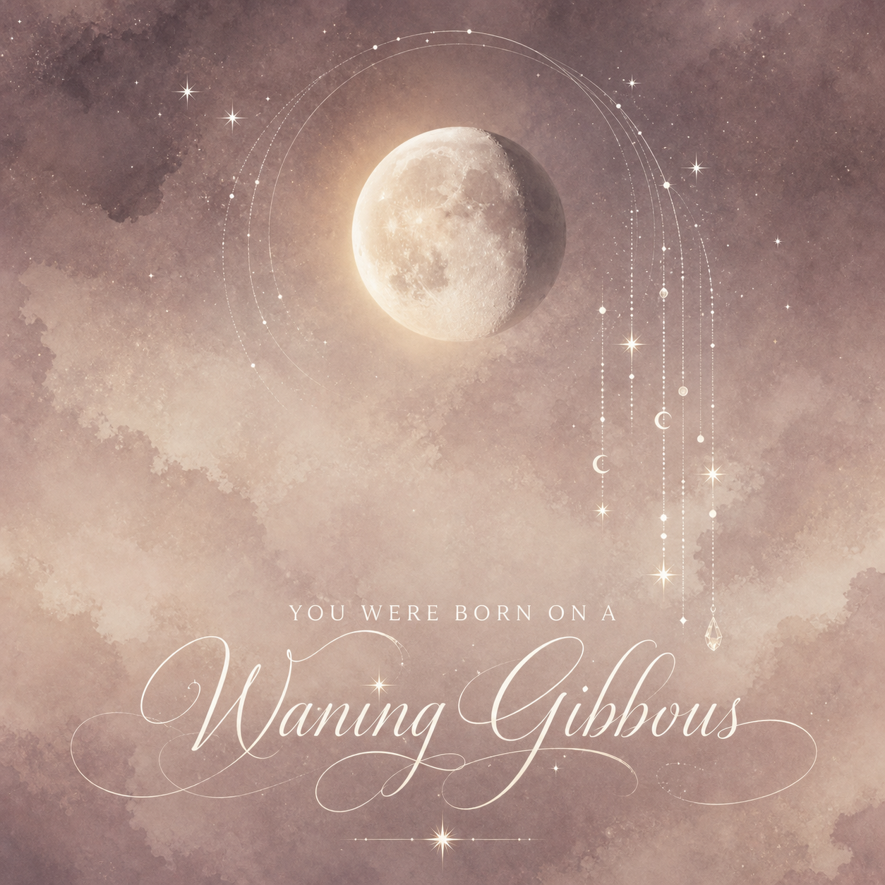 Lumiclay Waning Gibbous moon profile artwork with a softly lit gibbous moon, watercolor clouds, stars, and lunar orbit details.
