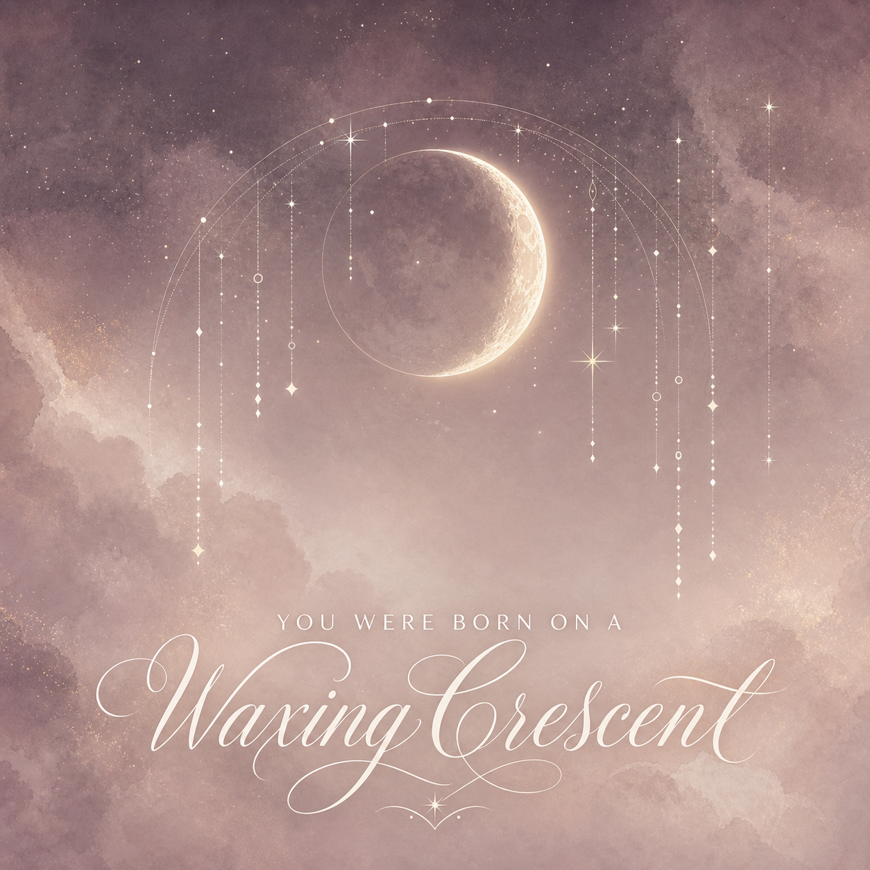 Lumiclay Waxing Crescent moon profile artwork with a bright crescent moon, soft pink clouds, stars, and celestial hanging details.