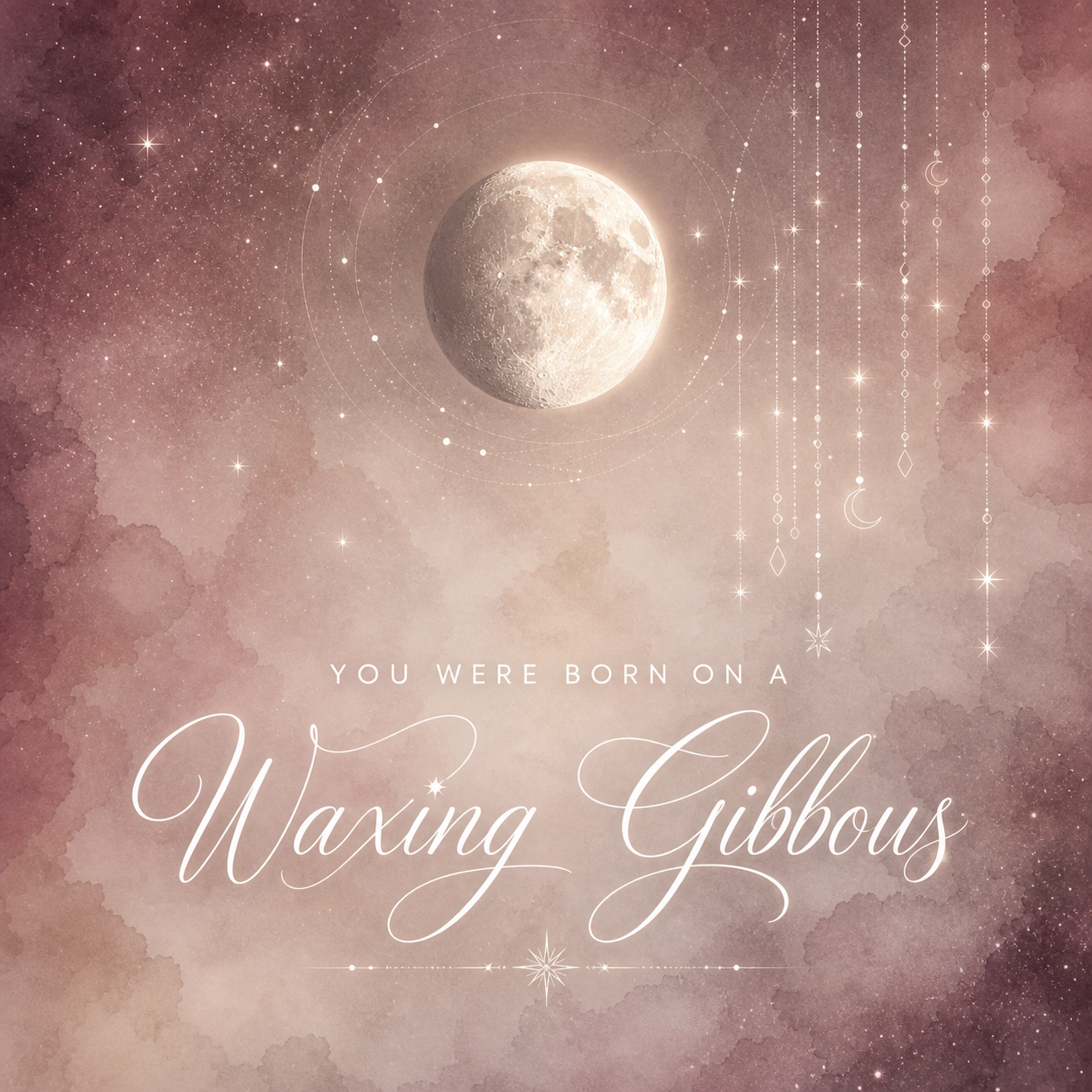 Lumiclay Waxing Gibbous moon profile artwork with a luminous gibbous moon, rose watercolor sky, stars, and delicate lunar ornaments.