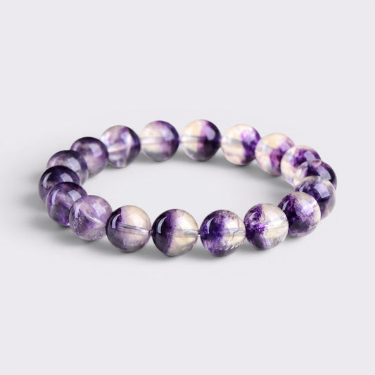 Natural 11mm Half-Bowl Purple Fluorite bracelet with violet-to-clear color-zoned beads