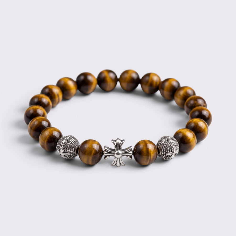 Natural Tiger's Eye bracelet with 10mm golden brown beads and silver-tone cross charm