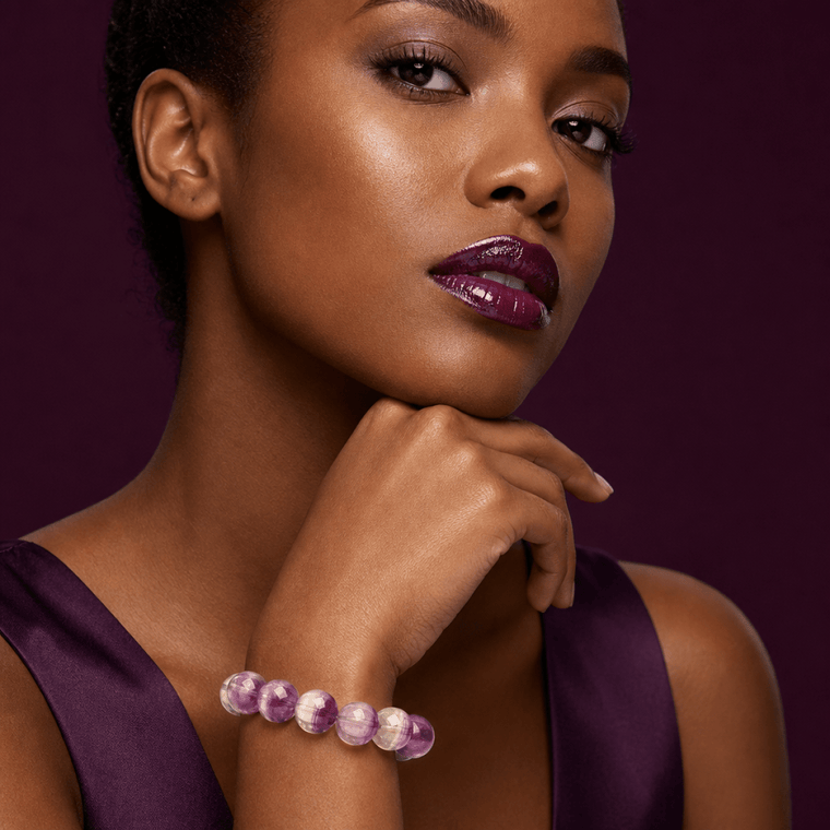Natural Purple Fluorite bracelet styled with a deep-violet fashion look