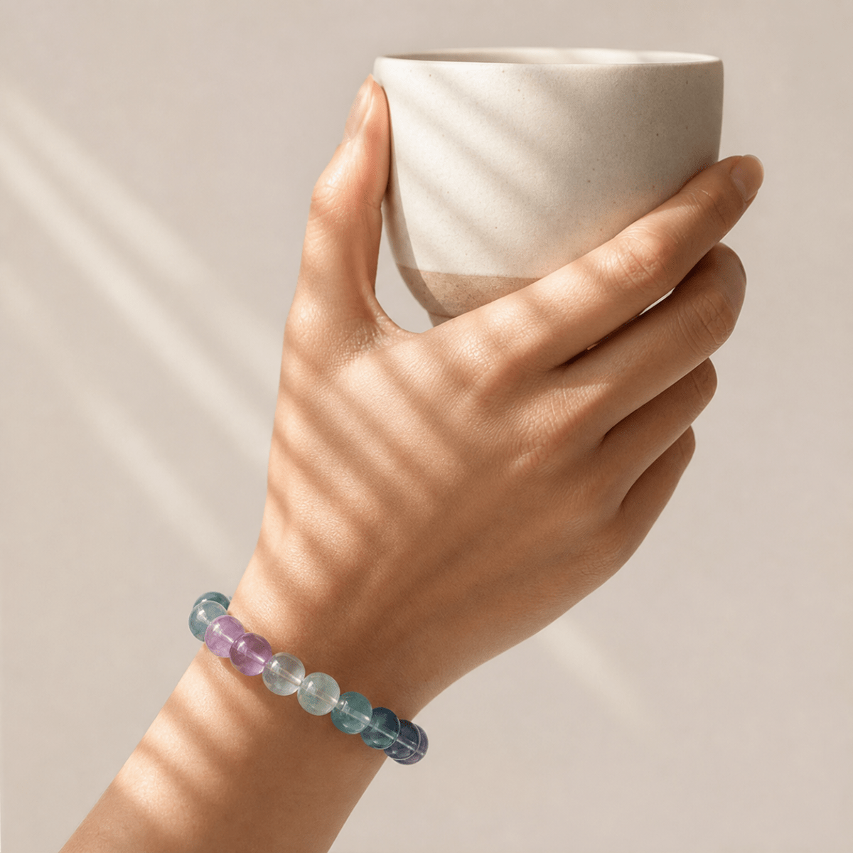Multicolor Fluorite bracelet worn while holding a ceramic cup in warm sunlight