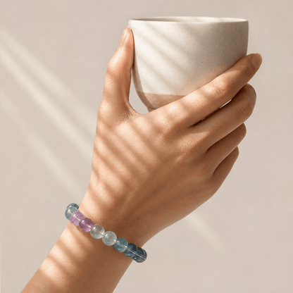 Multicolor Fluorite bracelet worn while holding a ceramic cup in warm sunlight
