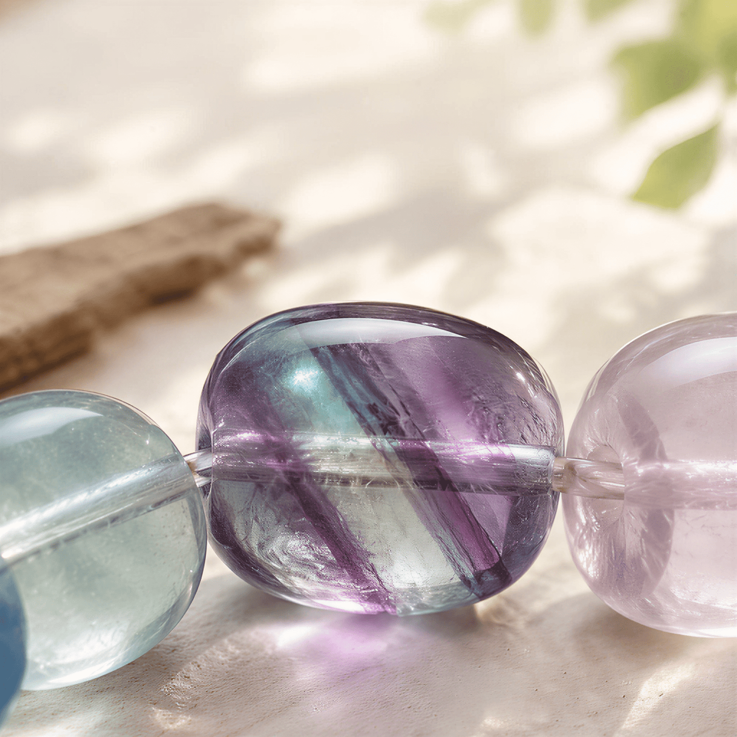 Close-up of transparent Rainbow Fluorite cushion beads with purple, green, and blue color bands