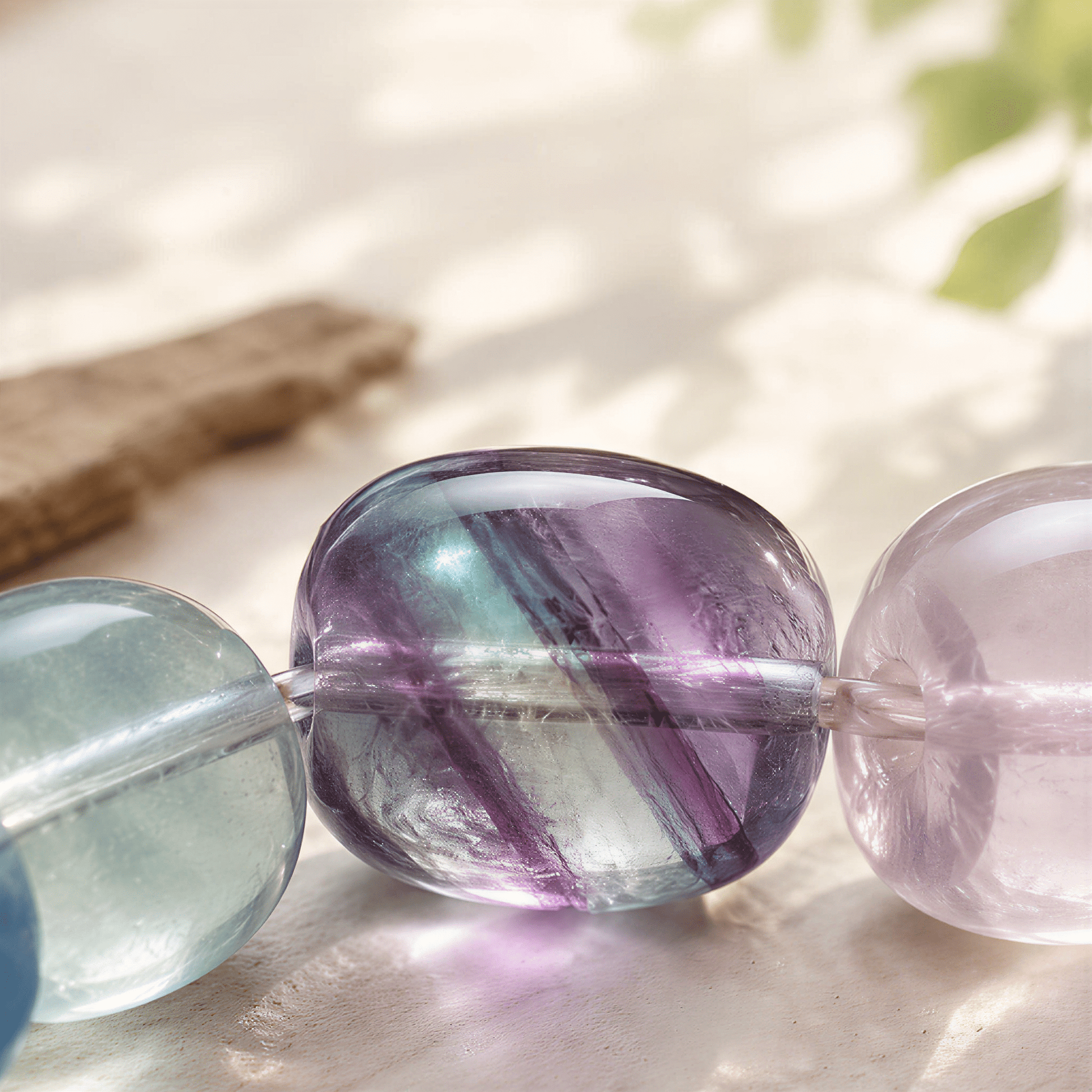 Close-up of transparent Rainbow Fluorite cushion beads with purple, green, and blue color bands